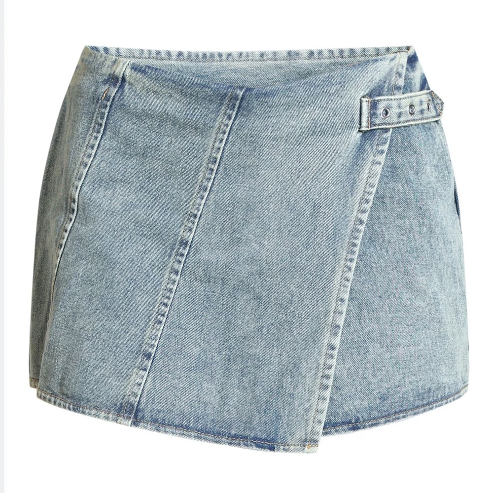 VINTAGE WASH MID RISE DENIM WRAP OVER MINI SKIRT